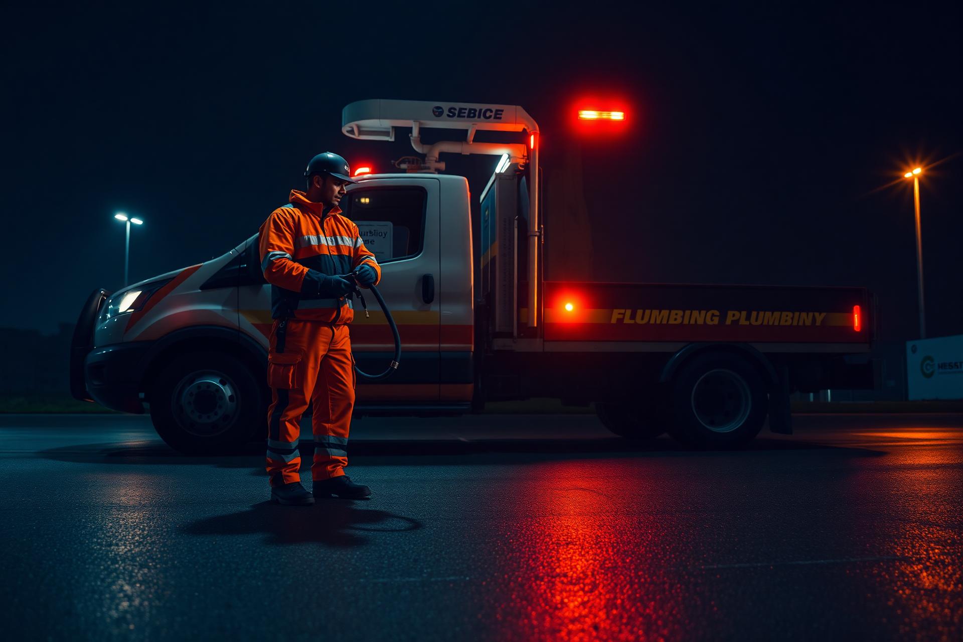 Caminhão hidrojato e técnico Eficaz Express em atendimento noturno